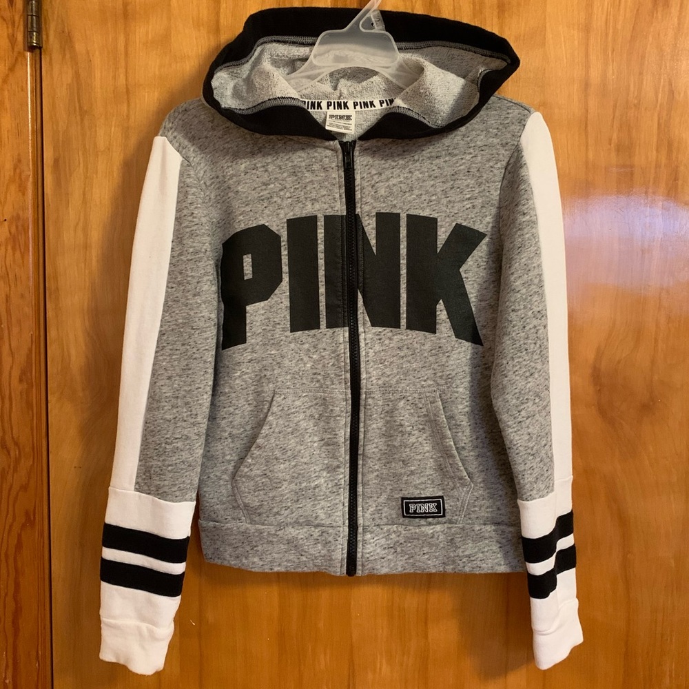 PINK | Heather Grey Varsity Zip Up Hoodie